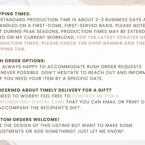 May include: Text on a white background, including "SHIPPING TIMES", "RUSH ORDER OPTIONS", "CONCERNED ABOUT TIMELY DELIVERY FOR A GIFT?", and "CUSTOM ORDERS WELCOME!". The text provides information about production times, rush orders, and gift options.