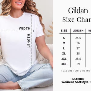 May include: A white t-shirt with a size chart titled Gildan Size Chart. The chart lists sizes S through 3XL with corresponding length and width measurements in inches. The shirt is shown with dashed lines indicating how to measure width and length.