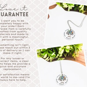 K&ouml;nnte beinhalten: Eine silberne Halskette mit einem Baum-Anh&auml;nger, verziert mit bunten Edelsteinen und den Namen "Lucas", "Brae" und "Grace", die um den Baum herum eingraviert sind. Das Bild enth&auml;lt auch den Text "Love it GUARANTEE".