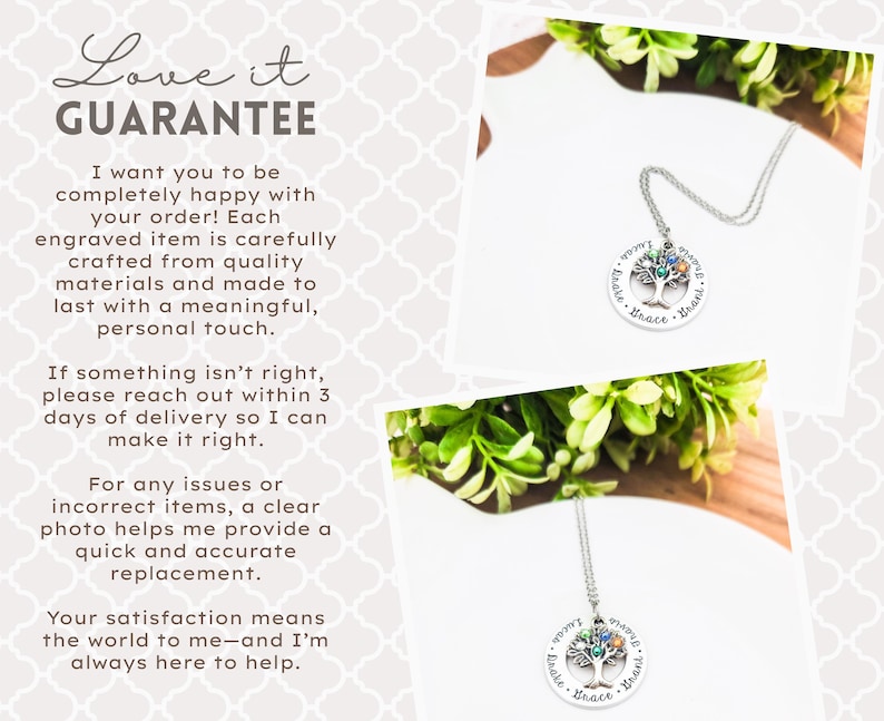 K&ouml;nnte beinhalten: Eine silberne Halskette mit einem Baum-Anh&auml;nger, verziert mit bunten Edelsteinen und den Namen "Lucas", "Brae" und "Grace", die um den Baum herum eingraviert sind. Das Bild enth&auml;lt auch den Text "Love it GUARANTEE".