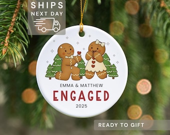 Engaged Ornament | First Christmas Engaged Ceramic Gingerbread Ornament | Personalized Engagement Gifts for Couples, Bride To Be Proposal
