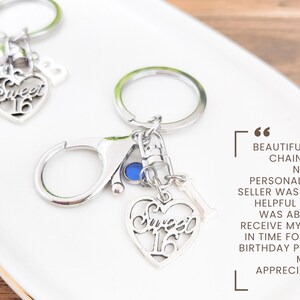 May include: Silver keychains with a heart-shaped charm that says "Sweet 16". The keychains have a clasp and a small charm with the number "1". The background is a white plate.