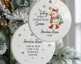 Baby's First Christmas Ornament Girl | Personalized My First Christmas Ornament | Baby 1st Christmas Keepsake | Silly Goose Ornament Gift