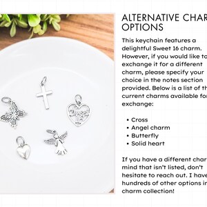 May include: A collection of silver charms, including a cross, butterfly, heart, angel, and a Sweet 16 charm, displayed on a white plate. The image also includes text that says "ALTERNATIVE CHARM OPTIONS".