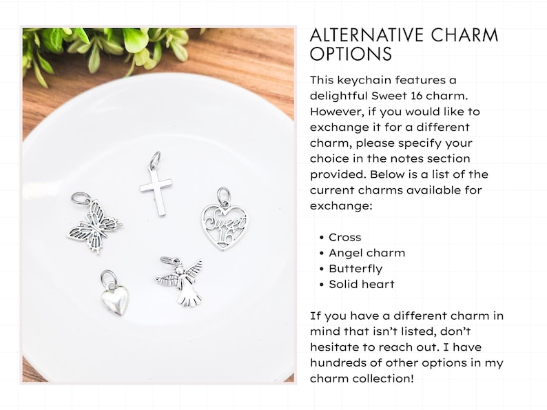 May include: A collection of silver charms, including a cross, butterfly, heart, angel, and a Sweet 16 charm, displayed on a white plate. The image also includes text that says "ALTERNATIVE CHARM OPTIONS".