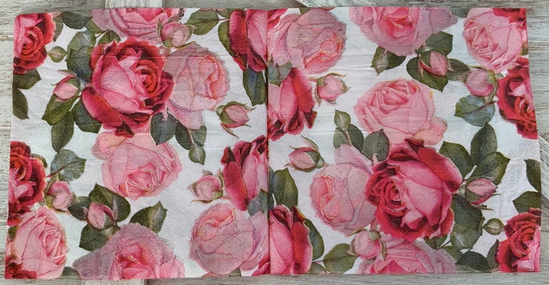 6 12 one square Background is white 3ply 13 open Pink Roses and buds paper napkins