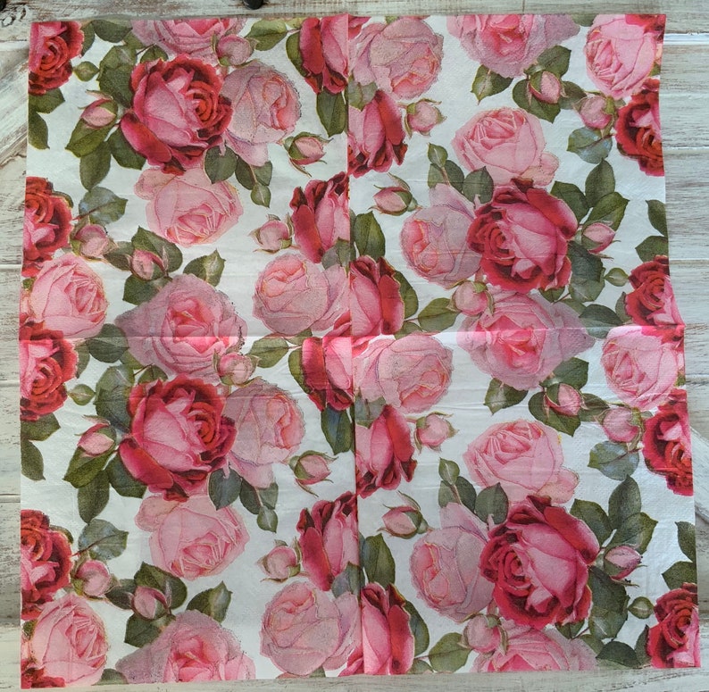 6 12 one square Background is white 3ply 13 open Pink Roses and buds paper napkins