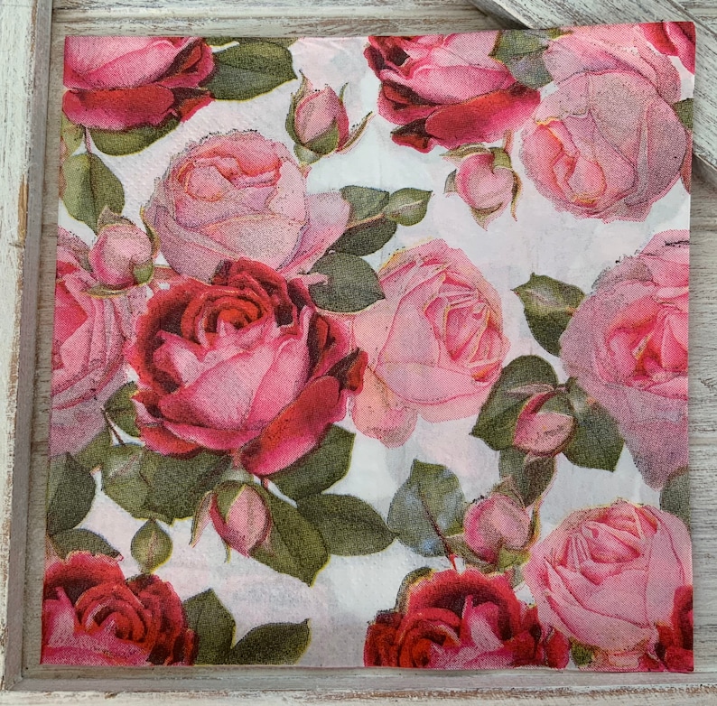 6 12 one square Background is white 3ply 13 open Pink Roses and buds paper napkins