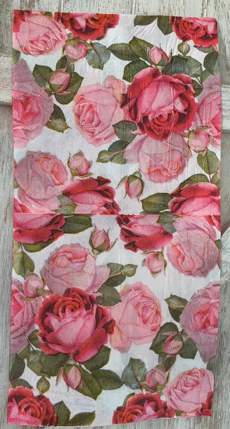 6 12 one square Background is white 3ply 13 open Pink Roses and buds paper napkins