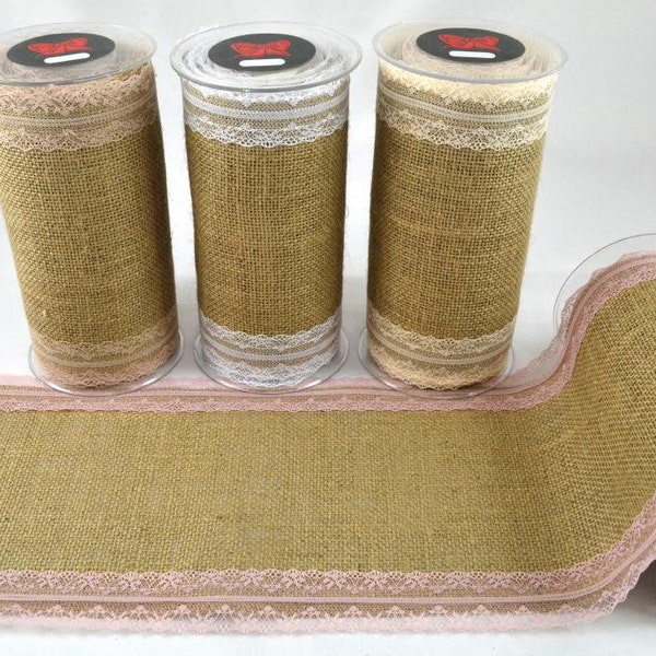 Table Runner Burlap with Lace Romantic Rounded Edges with Flower, Decoration Burlap, Jute Table Runner, Rustic Boho Wedding, Decoration,