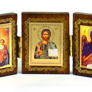 Triptych small wood Orthodox Icon of Jesus Christ Holy Theotokos and Saint Ioannis The baptist greek byzantine icon birthday home  gift