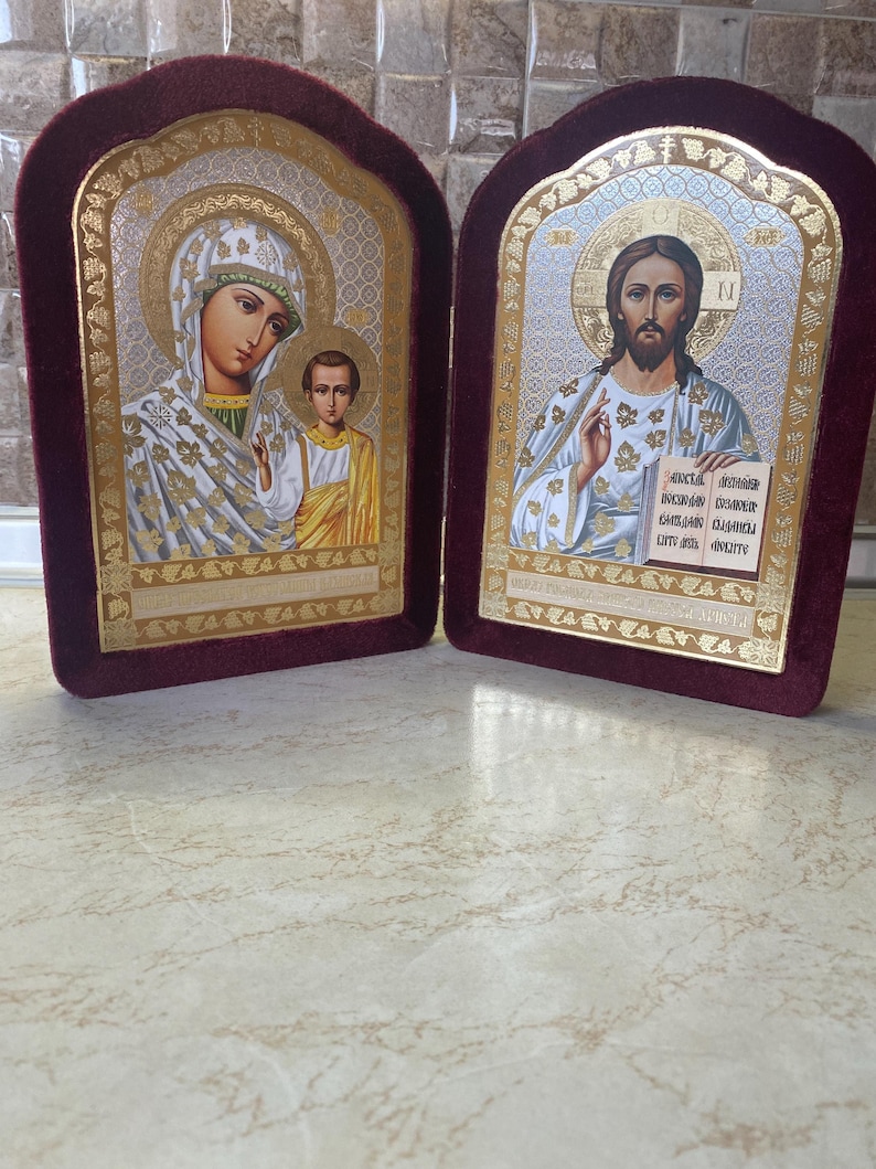 Diptych Icon of Jesus and Virgin Mary Russian Style, Orthodox Icon