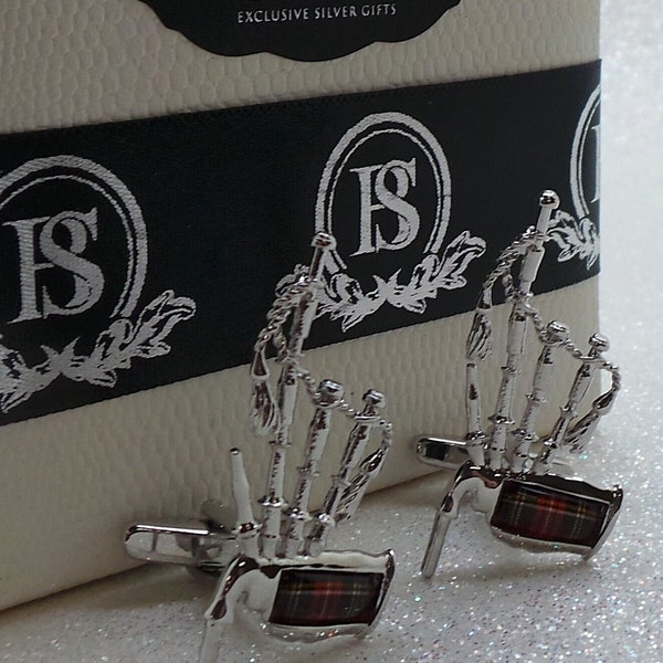 Bagpipe Cufflinks Silver Music Gift Set for Scottish Musicians Instruments Scotland Dad Husband Grandad Uncle Brother Luxury Gifts Bag Pipes
