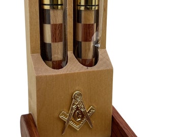 Freemason  Luxury Double Pen Set Desk Stand Executive Wood Ballpoint Pens Wooden Box Case Masonic Award Ceremonial Lodge Masons Gold Compass