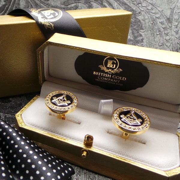 Freemason Gold Crystal Cufflinks Luxury Set for Masonic any Lodge Cuff Links Brotherhood Luxurious Cased Freemasons Compass Boxed Gifts