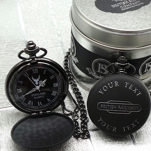 Reloj de bolsillo y cadena con letrero de ferrocarriles británicos grabados de lujo personalizados Regalos de ferrocarril Trenes Avistamiento de trenes Estuche de regalo de metal