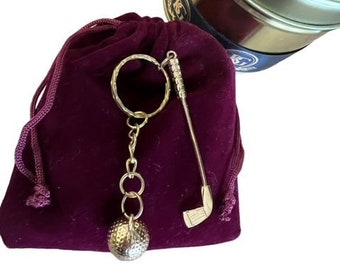 Llavero con palo de golf y pelota revestido en oro de 24 quilates, estuche de regalo de lujo, ideal como regalo para golfistas, jugadores de golf y deportistas.