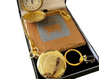 Campervan Gravur Geschenkset Gold Taschenuhr Wohnmobil Schlüsselanhänger Schiefer Getränke Untersetzer RV Camper Van Bus Personalisiert in Luxus Geschenkbox