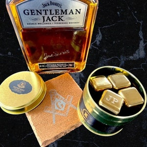 Personalised  Freemason Gold Ice Cubes and Slate Coaster 5 Piece Gift Set Engraved Whiskey Stones Magic Drinks Masonic Gifts Metal Case