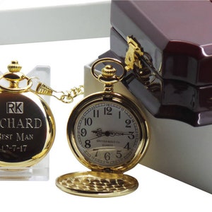 Reloj de bolsillo con grabado personalizado, reloj de bolsillo dorado, caja de madera de lujo, regalo para padrinos de boda, grabado para el padre de la novia, padrino, acomodador, novio.