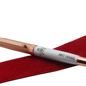Freemason Pen Luxury 18k Rose Gold clad Executive Masonic Rollerball Short Name Initials Monogram Custom Engraved and Gift Pouch Certificate