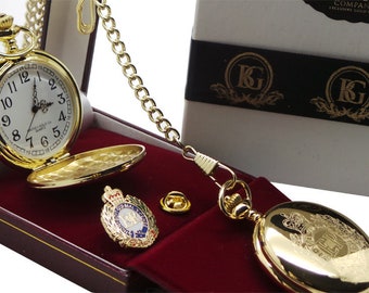Royal Engineers Pocket Watch and Lapel Pin Badge in Luxury Gift Case Personalised British Military Army Set 24k Gold Clad Crest Crested