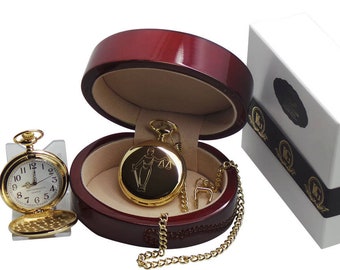 Legal Scales of Justice Pocket Watch and Chain Luxury Wooden Case Free Personalised Custom Engraving Law Lawyer Solicitor 2k Gold Clad