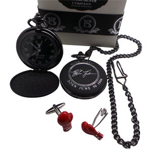 Personalised Mike Tyson Signed Pocket Watch and Red Silver Boxing Gloves Cufflinks in Luxury Gift Set in Case Fight Engraved Memorabilia