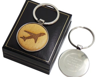 Aeroplane  Plane Keyring Wood Silver Engraved Aircraft Keychain Luxury Case Gift Gifts  for Pilot Gap Year Holiday Honeymoon Vacation