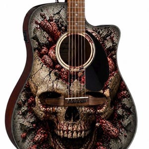 Puede incluir: Guitarra ac&uacute;stica con dise&ntilde;o de calavera. La guitarra presenta un gr&aacute;fico detallado de una calavera que emerge de hormig&oacute;n agrietado, con acentos rojos y grises. El cuerpo tiene un acabado marr&oacute;n oscuro.