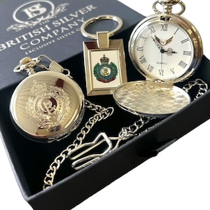 Royal Engineers British Army Engraved Pocket Watch Silver Keyring Luxury Gift Set  Personalised Crested Badge Set Military NEW Kings Crest