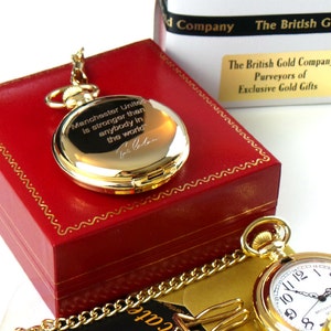 Eric Cantona Signed Personalised Engraved Manchester United Quote Real 24k Gold Plated Pocket Watch in Luxury Gift box Case with Certificate
