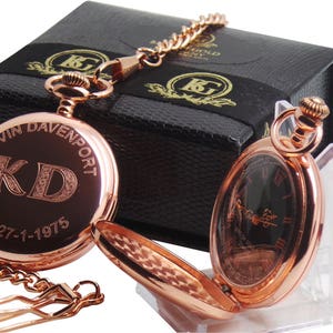 Reloj de bolsillo estilo victoriano con grabado gratuito en oro rosa, caja de regalo de lujo con grabado personalizado, monograma personalizado, cazador completo y cadena