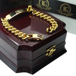 Engraved lD Bracelet 24k Gold Clad in Luxury Polished Wood Gift Case Free Custom Engraving Name Initials Monogram Personalized
