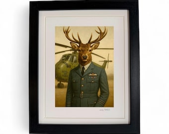 RAF Framed Art Print Limited Edition Stag in RAF Uniform Wildlife Quirky Royal Air Force Gifts Framed Artwork