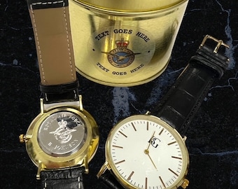 Orologio da polso personalizzato RAF di lusso, in pelle nera e oro, da uomo, in metallo, con scatola regalo, messaggio segreto personalizzato inciso gratuitamente