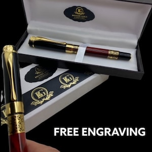 Stylo de luxe personnalisé plaqué or 24 carats et étui avec nom gravé au roller ou monogramme Promotion de départ pour la retraite Cadeau de qualité