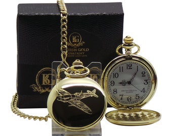 Supermarine Spitfire 24k Gold Clad Pocket Watch  and chain in Luxury Case Aircraft WW2 British RAF Air Force War Plane Fighter Jet Military