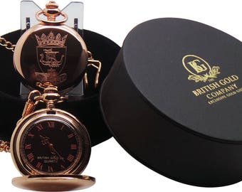Name Coat of Arms 18k Rose Gold Plated Pocket Watch Family Name Crest Luxury Gift box Case with Certificate Custom Engraved Crest Engraving