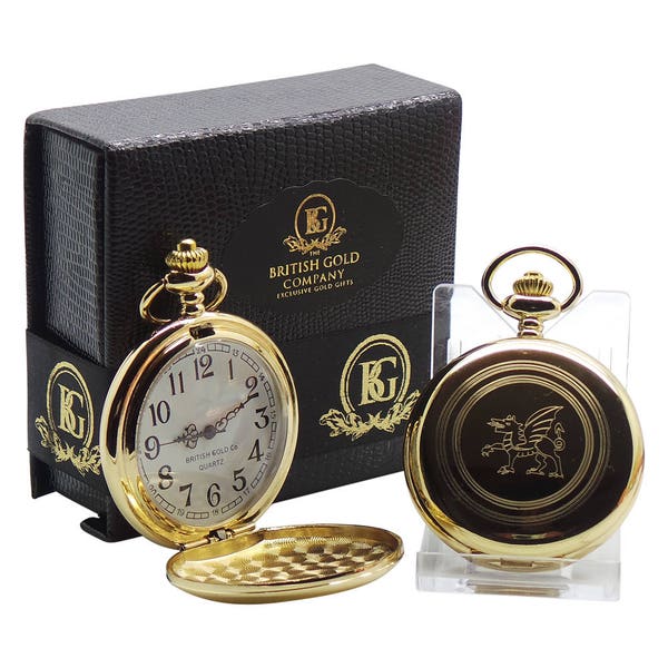 WALES Welsh Dragon 24k Gold Plated Personalised Pocket Watch in Luxury box with Certificate Full Hunter chain Crest Emblem Crested Symbol