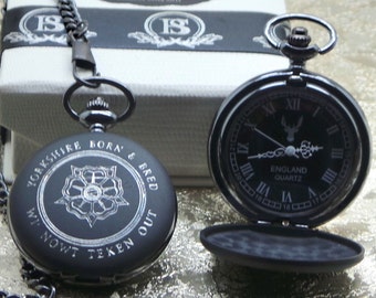 Yorkshire Born n Bred Black Pocket Watch Chain Gegraveerd Luxe Cadeau Engels Engeland Yorkshire Rose voor mannen en vrouwen Gepersonaliseerd Gratis