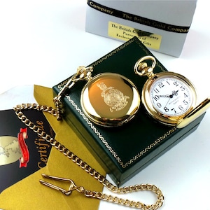 Orologio da tasca Royal Marines Full Hunter placcato in oro 24k personalizzato con catena in scatola regalo di lusso, certificato, stemma con stemma