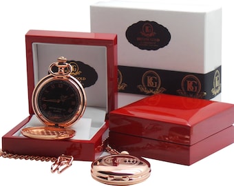 Reloj de bolsillo monogramado personalizado de 18k chapado en oro rosa en caja de regalo de madera de lujo con certificado