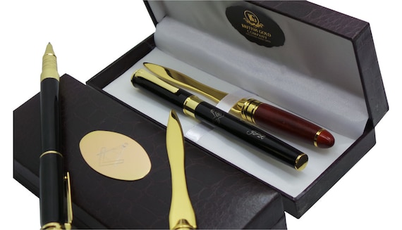 Personalised FREEMASON MASONIC Pen Luxury 24k Gold Clad Gift Set Letter Opener 
