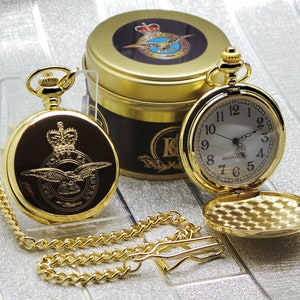 Orologio da tasca in oro 24k placcato in oro inciso con custodia regalo di lusso con certificato Royal Air Force Crested Set personalizzato