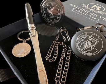 Winston Churchill  Pocket Watch Luxury Gift Case Engraved Signed Autograph Keyring and letter opener WW2 Military Politics Personalised