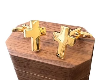 Gold Kreuz Manschettenknöpfe Set für Christen C von E Geschenke Religiöse Schmuck Kirche Lux Holz Geschenkbox für Gebet Glaube Gelassenheit Gott Weihnachten