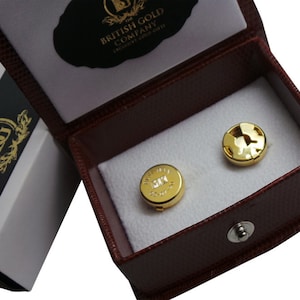 Gemelos dorados con cubrebotones personalizados, estuche de regalo de lujo, gemelos con broches para camisa grabados, para bodas, cumpleaños, novios, con monograma.
