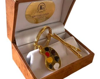 Palette de peintures pour artistes Pinceaux pour artistes Porte-clés plaqués or 24 carats Cadeaux pour artistes décorateurs, peintres Boîte cadeau de luxe Porte-clés pour peintures au pinceau