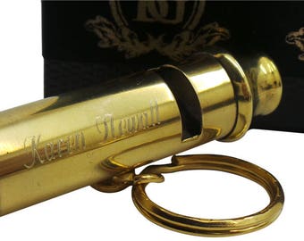 Gouden messing fluit en kompas gegraveerd gepersonaliseerd in geschenkdoos Hondenuitlater Beveiliging Veiligheid Sport sleutelhanger sleutelhanger geschenken